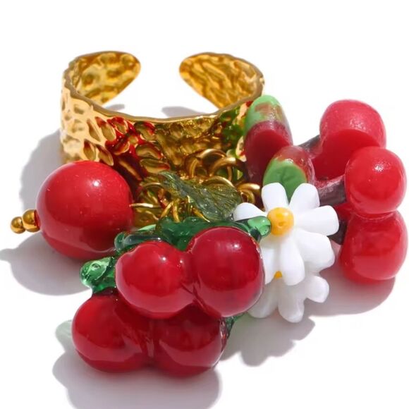 New Vibrant Gold Cherry Charm Ring with White Flowers Sz 7, 8, 9, 10 - Picture 1 of 8